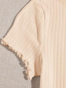 SHEIN Qutie Solid Lettuce Trim Rib-knit Tee - Beige - View 3