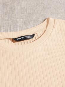 SHEIN Qutie Solid Lettuce Trim Rib-knit Tee - Beige - View 4