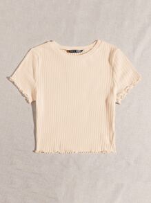 SHEIN Qutie Solid Lettuce Trim Rib-knit Tee - Beige - View 5