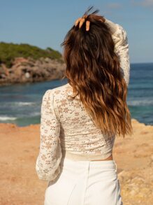 SHEIN Jersey corto de cuello scoop con patrón floral - Beis - Ver 2