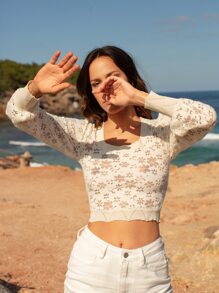 SHEIN Jersey corto de cuello scoop con patrón floral - Beis - Ver 4