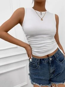Solid Drawstring Side Tank Top - White - View 3