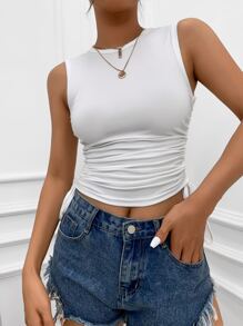 Solid Drawstring Side Tank Top - White - View 5