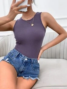 SHEIN Essnce 素色羅紋針織背心上衣 - 紫色 - 查看 7