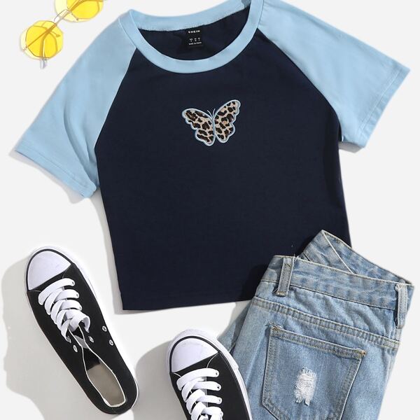 

Raglan Sleeve Leopard Butterfly Embroidery Top, Black
