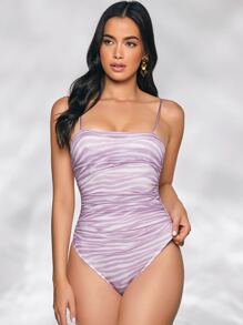 SHEIN BAE Marble Print Mesh Cami Bodysuit - Lilac Purple - View 1