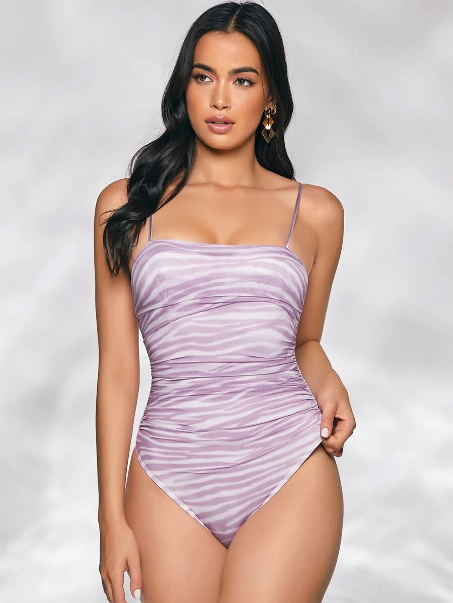 SHEIN BAE Marble Print Mesh Cami Bodysuit - Lilac Purple - View 1