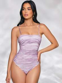 SHEIN BAE Marble Print Mesh Cami Bodysuit - Lilac Purple - View 4