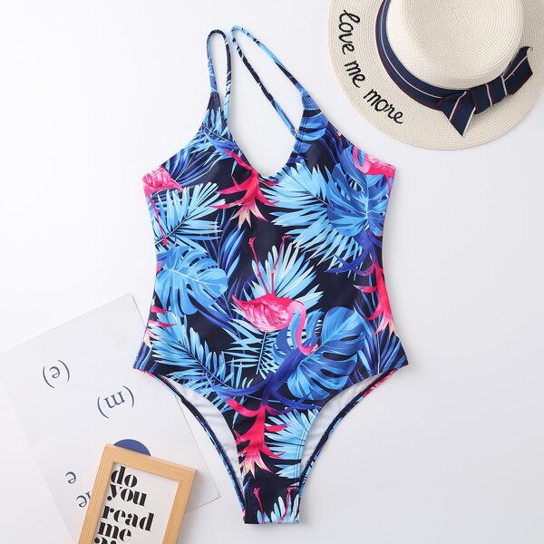 

Flamingo & Tropical One Shoulder One Piece Swimsuit, Multicolor