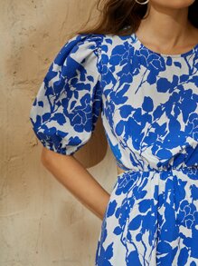 SHEIN VCAY Floral Print Tie Back Cut-out Dress - Blue and White - View 4