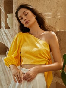 SHEIN VCAY One Shoulder Lantern Sleeve Knot Side Crop Top - Yellow - View 1