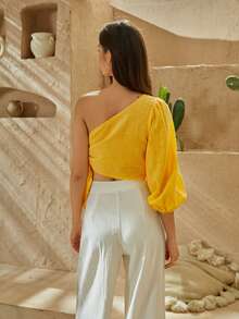 SHEIN VCAY One Shoulder Lantern Sleeve Knot Side Crop Top - Yellow - View 2