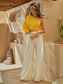 SHEIN VCAY One Shoulder Lantern Sleeve Knot Side Crop Top - Yellow - View 3