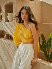 SHEIN VCAY One Shoulder Lantern Sleeve Knot Side Crop Top - Yellow - View 4
