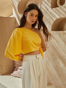 SHEIN VCAY One Shoulder Lantern Sleeve Knot Side Crop Top - Yellow - View 5