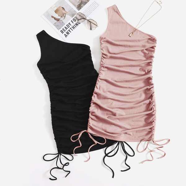 

2pack One Shoulder Drawstring Side Dress, Multicolor
