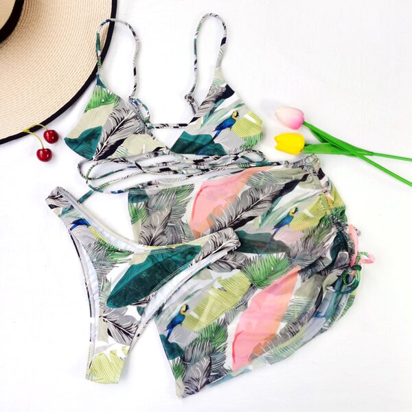 

3pack Leaf Pattern Triangle Bikini Swimsuit & Beach Skirt, Multicolor