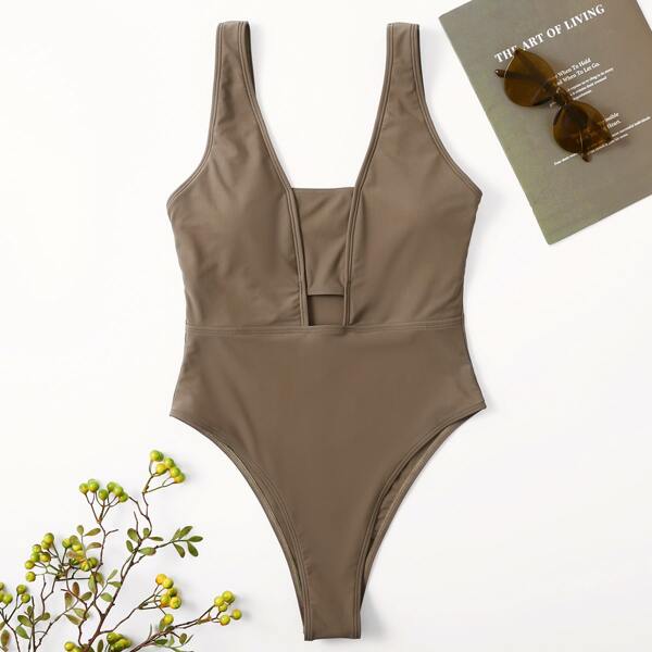 

Solid Cut Out One Piece Swimsuit, Coffee brown