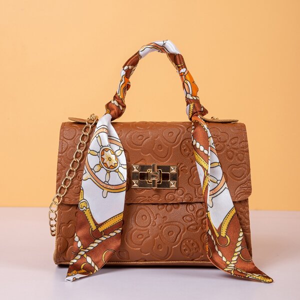 

Twilly Scarf Decor Cartoon Embossed Satchel Bag, Brown