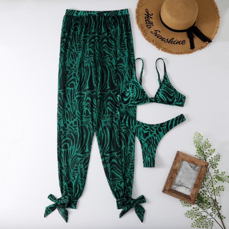 

3pack Allover Print Bikini Swimsuit & Beach Pants, Green