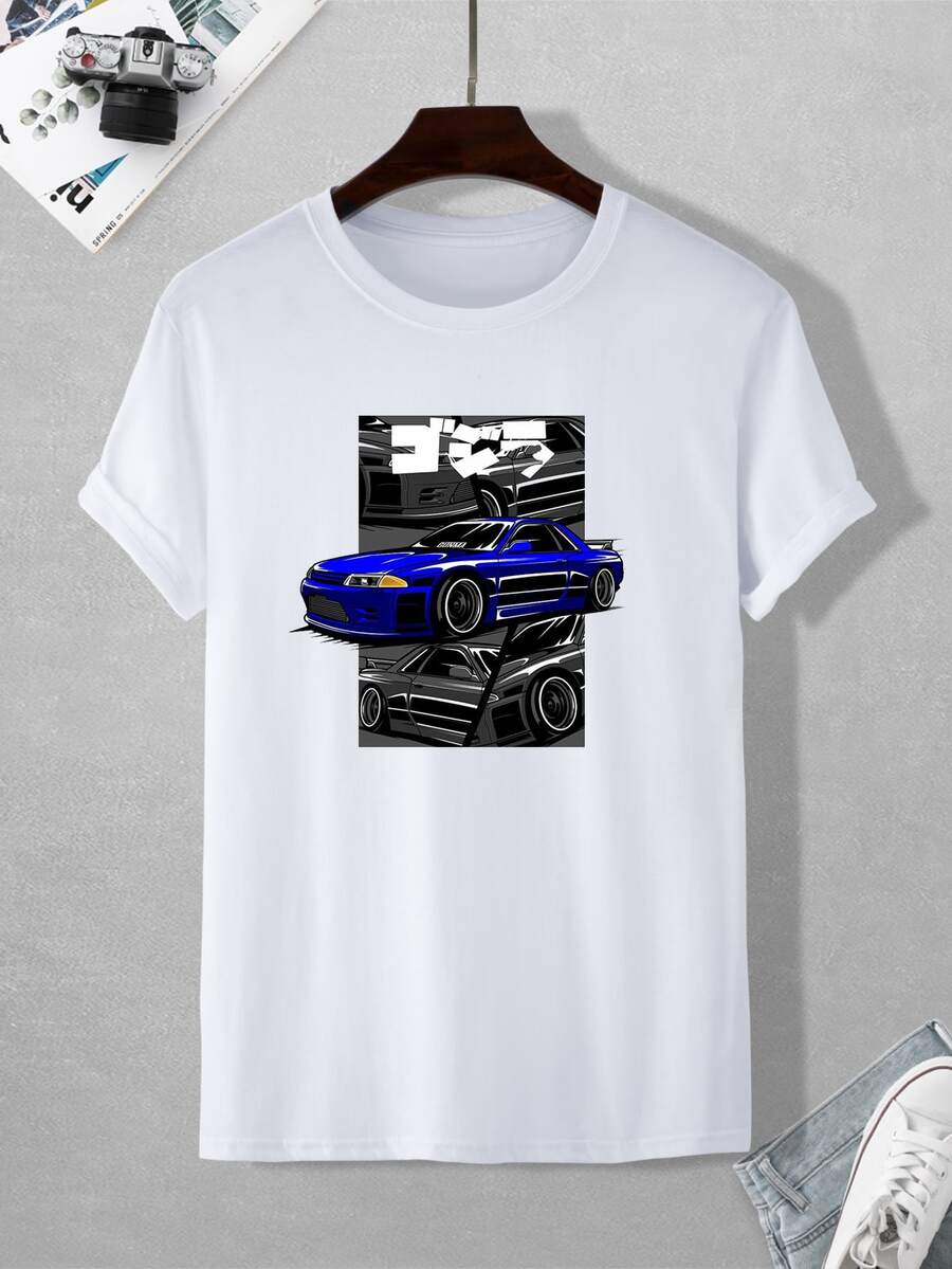 Manfinity 男士汽車印花短袖T恤 - 白色 - 查看 1