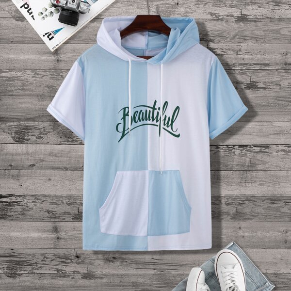 

Men Letter Graphic Colorblock Drawstring Hooded Tee, Blue and white