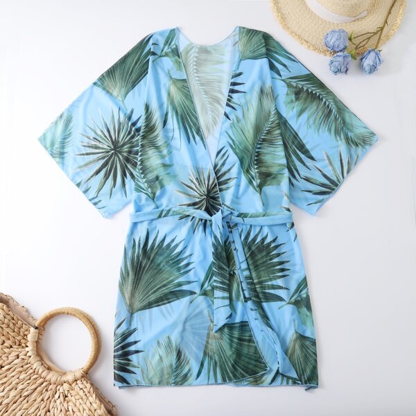 

Leaf Print Chiffon Belted Kimono Without Bikini, Blue