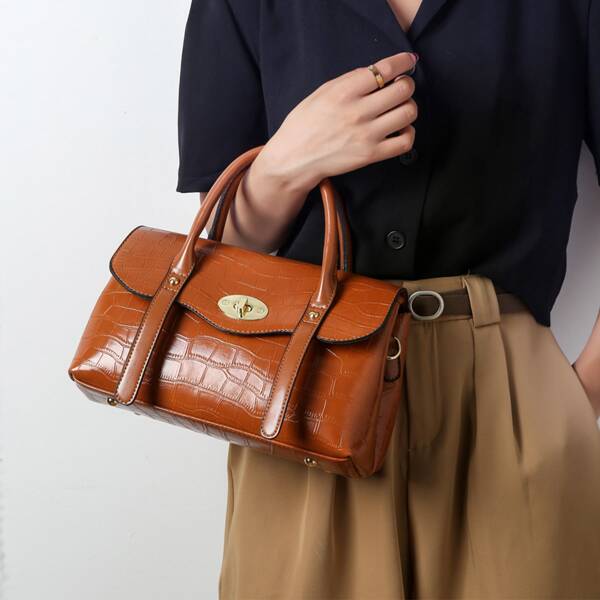 

Minimalist Croc Embossed Top Handle Bag, Brown