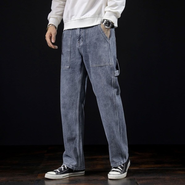 

Men Solid Pocket Side Straight Leg Jeans, Medium wash