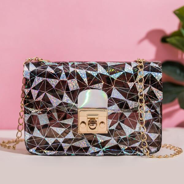 

Geo Graphic Flap Chain Crossbody Bag, Black