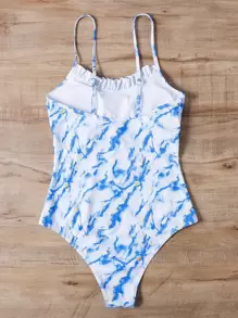 Summer Tie Dye Frill Trim One Piece Swimsuit - Blue and White - View 2