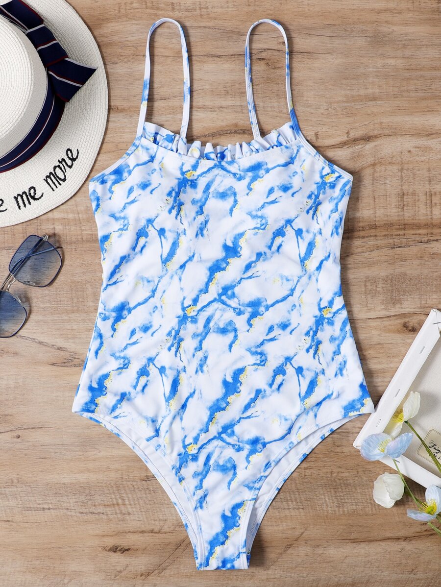 Summer Tie Dye Frill Trim One Piece Swimsuit - Blue and White - View 1