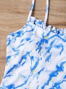 Summer Tie Dye Frill Trim One Piece Swimsuit - Blue and White - View 3