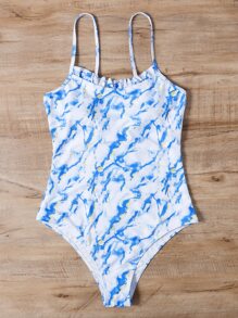 Summer Tie Dye Frill Trim One Piece Swimsuit - Blue and White - View 5