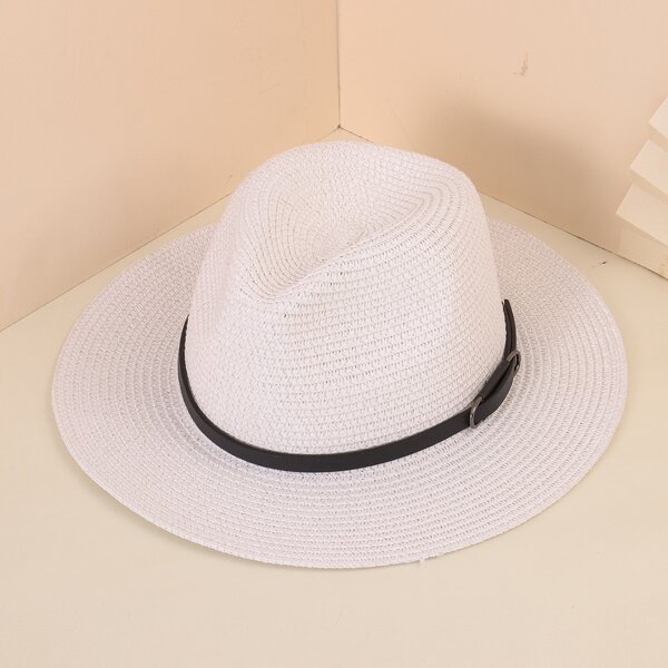 

Men Belt Decor Straw Hat, White