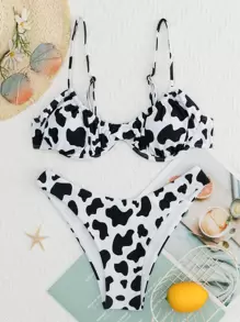 Cow Print Underwire Bikini - Black and White - View 3