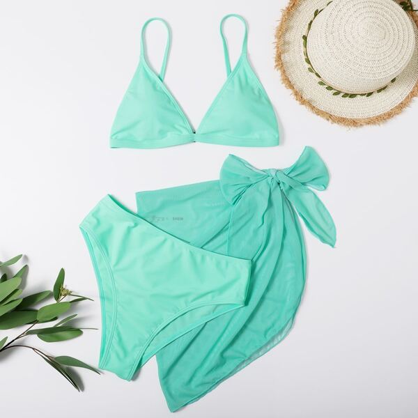 

3pack Micro Triangle High Waisted Bikini Swimsuit & Beach Skirt, Mint green
