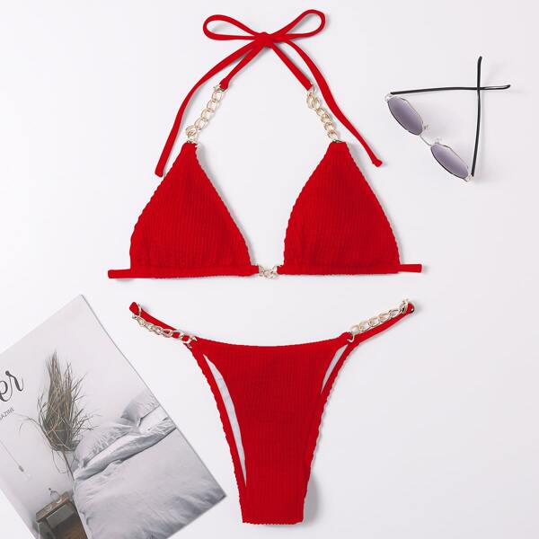 

Chain Linked Micro Triangle Bikini Swimsuit, Red