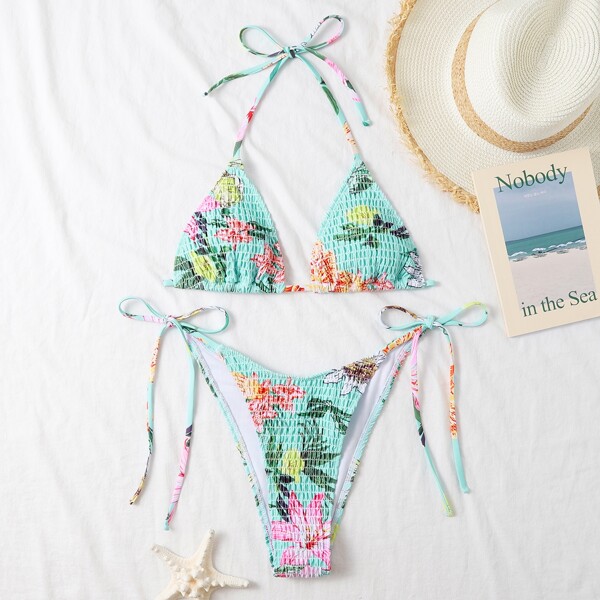 

Floral Smocked Triangle Tie Side Bikini Swimsuit, Multicolor