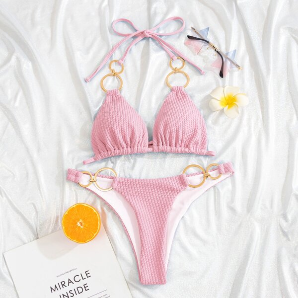 

Textured Ring Linked Halter Bikini Swimsuit, Hot pink