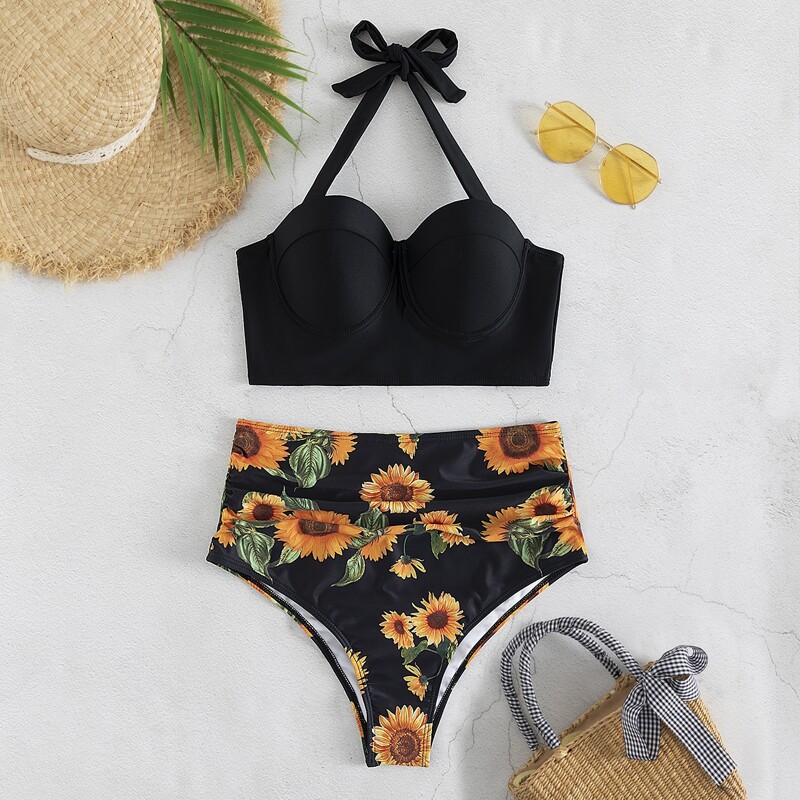 

Sunflower Print Halter Push Up Bikini Swimsuit, Multicolor