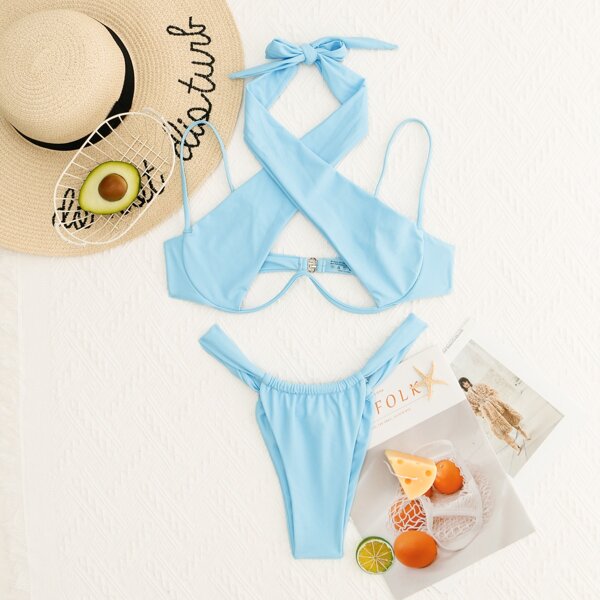 

Cross Halter Underwire Thong Bikini Swimsuit, Baby blue