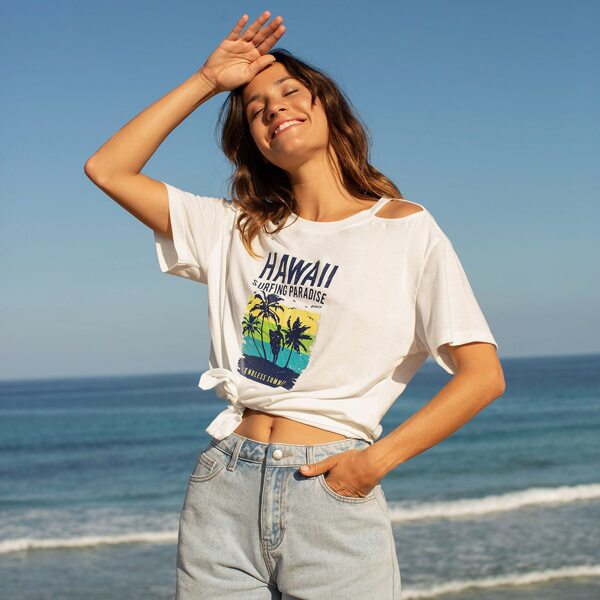 

Letter Graphic Drop Shoulder Cut Out Knot Hem Tee, White