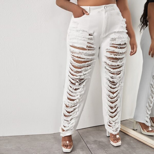 

Plus Ladder Distressed Mom Jeans, White