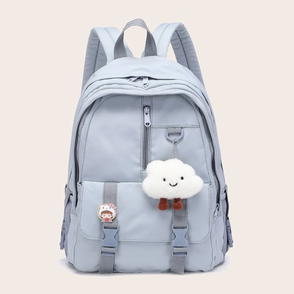 

Buckle Decor Functional Backpack With Bag Charm, Blue