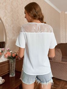 SHEIN Essnce Áo sơ mi Nút Tương phản ren màu trơn Giải trí - trắng - Xem 2