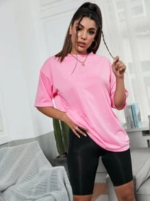 SHEIN EZwear Áo thun màu trơn Giải trí - Hồng - Xem 1