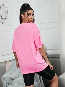 SHEIN EZwear Áo thun màu trơn Giải trí - Hồng - Xem 2