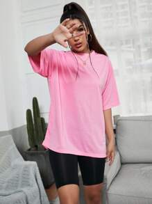 SHEIN EZwear Áo thun màu trơn Giải trí - Hồng - Xem 3