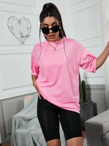 SHEIN EZwear Áo thun màu trơn Giải trí - Hồng - Xem 5